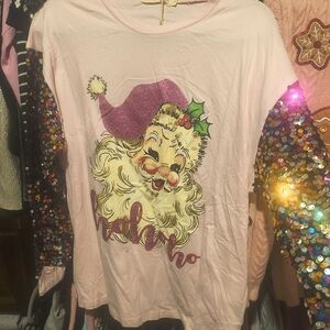 Festive Pink Santa Shirt with Sequin Sleeves